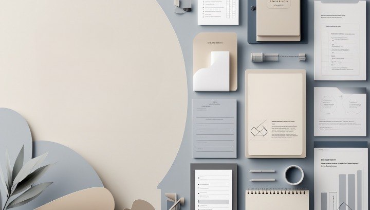 A styled flat-lay of minimalist stationery and office supplies arranged on a light gray surface with abstract beige and blue shapes. Visible items include notebooks, printed documents, a notepad, pens, a small cup, and a tablet-like pad, all in soft neutral tones.