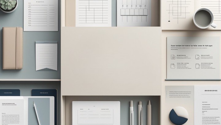 A styled flat-lay mockup of minimalist office stationery and presentation materials arranged in a grid. The set includes beige and white sheets with charts and text placeholders, a gray notebook, a gray mug, pens, and a small plant, all on a light gray background.