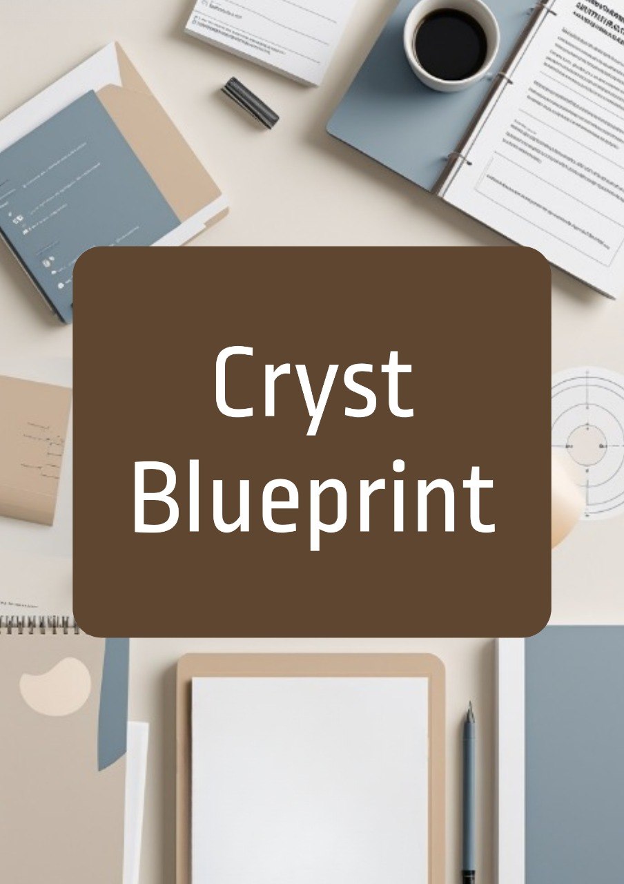 A flat-lay desk scene with notebooks, papers, a coffee cup, and a pen arranged on a light beige surface. A large centered brown rounded rectangle overlay contains the text 'Cryst Blueprint' in white.