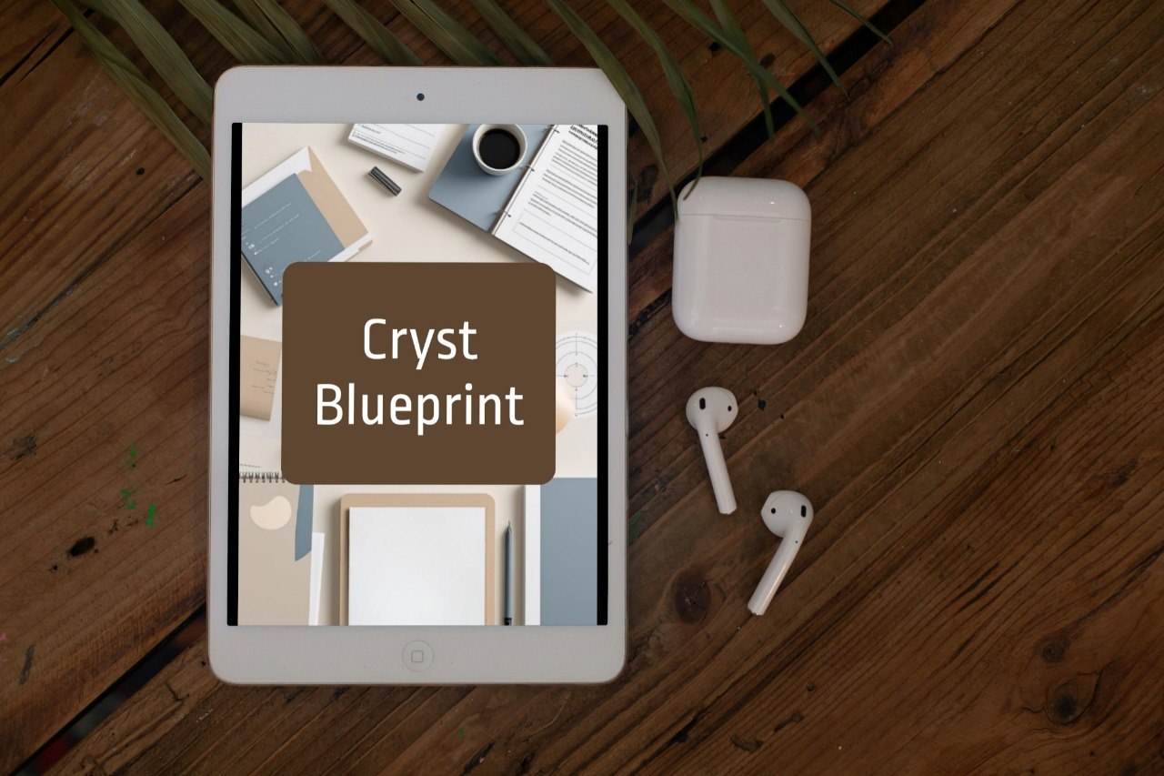 A tablet on a wooden table displaying a mockup with the text 'Neon Blueprint' in a brown box, alongside white earbuds and a white charging case.