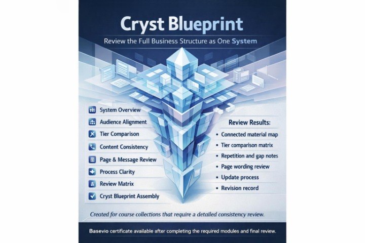 A digital cover graphic for 'Cryst Blueprint', featuring a central 3D blue crystal structure on a dark navy background with white and light blue text detailing business structure review modules.