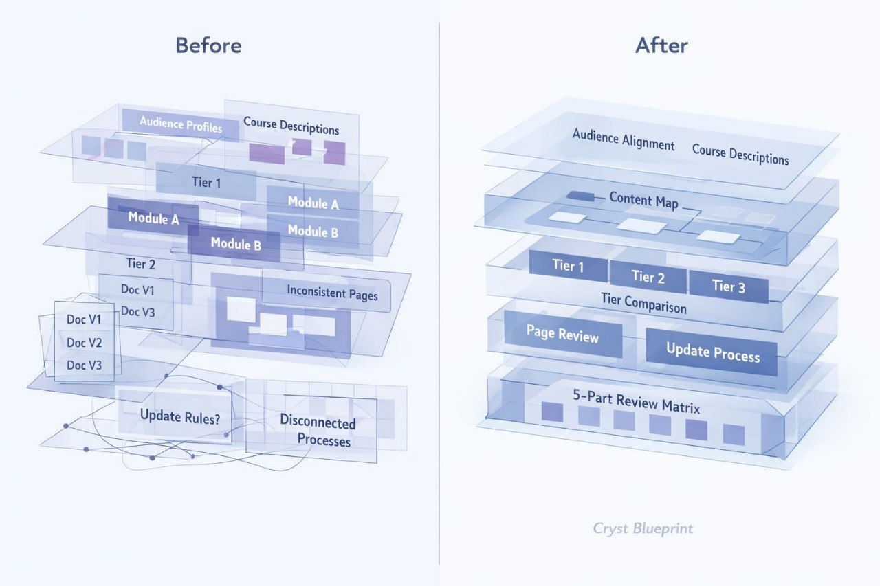A before-and-after diagram showing a software architecture or project workflow. The left side labeled 'Before' depicts layered modules such as Audience Profiles, Course Descriptions, Modules A and B, and various documents, with some disconnected elements.