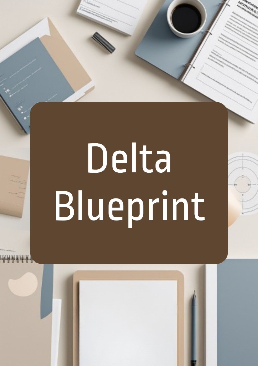 A flat-lay desk scene with notebooks, a coffee cup, papers, and a large centered brown label reading 'Delta Blueprint' in white text.
