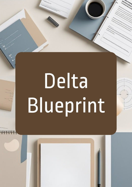 A flat-lay desk scene with notebooks, a coffee cup, papers, and a large centered brown label reading 'Delta Blueprint' in white text.