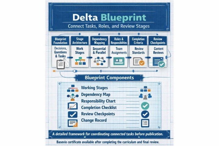 An infographic poster titled 'Delta Blueprint' outlining a framework for connecting tasks, roles, and review stages, with blue and white sections, icons, and text on a light grid background.