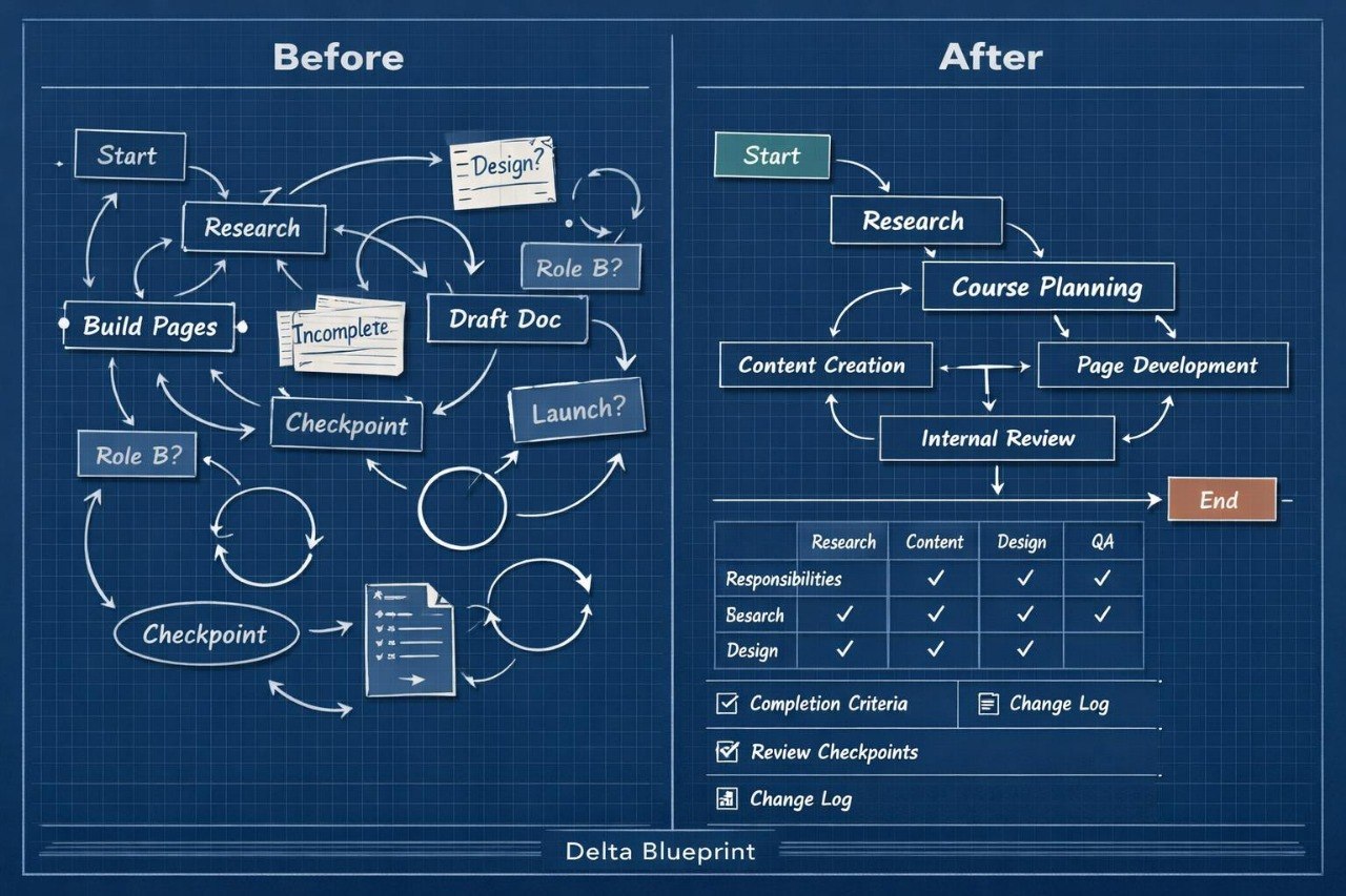 A blue blueprint-style comparison graphic labeled 'Before' and 'After' showing a process flow for starting a document or course project, with boxes, arrows, checklists, and a table on a dark blue grid background.