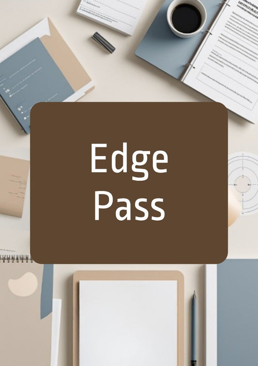 A flat-lay desk scene with notebooks, papers, a coffee cup, and pens arranged on a light beige surface. A large centered brown rounded rectangle overlay contains the white text 'Edge Pass'.