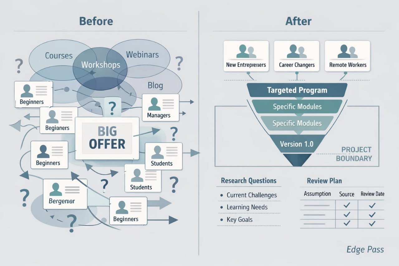 A comparison infographic labeled Before and After, showing a course offering diagram on the left and a targeted program funnel with project boundary and review plan on the right. The design uses blue, gray, white, and black on a pale blue background, with the text 'Edge Pass' at the bottom right.