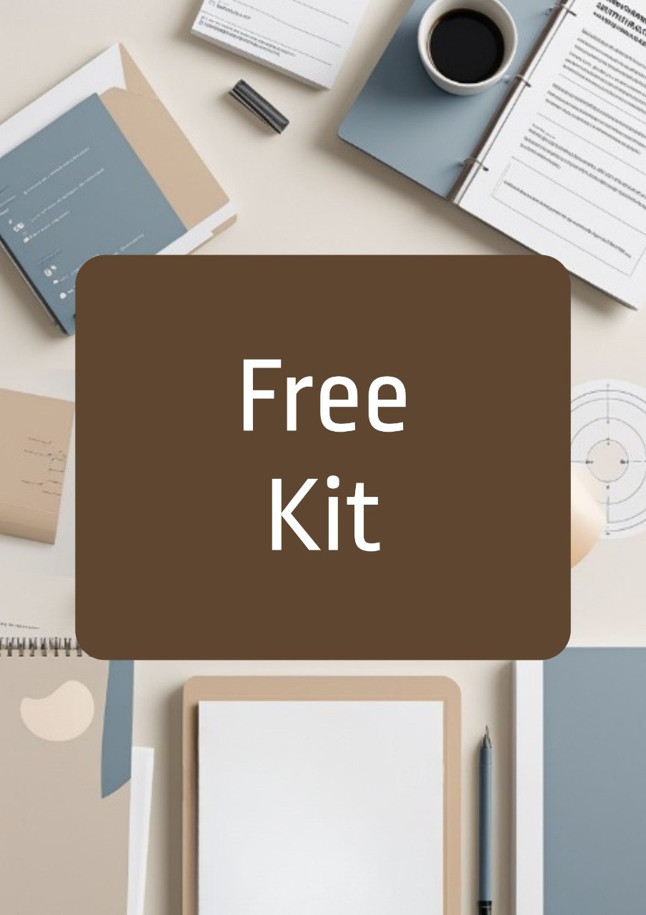 A flat-lay graphic with a large brown rounded rectangle in the center containing the words 'Free Kit' in white text, overlaid on a styled desk scene with notebooks, papers, a coffee cup, and pens.