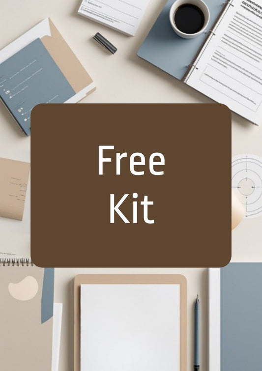 A flat-lay graphic with a large brown rounded rectangle in the center containing the words 'Free Kit' in white text, overlaid on a styled desk scene with notebooks, papers, a coffee cup, and pens.