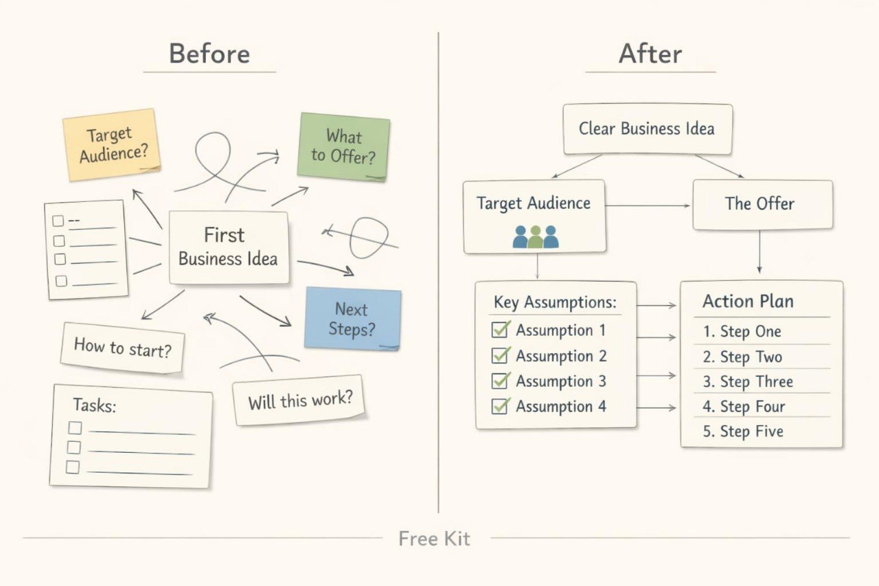 A business planning flowchart comparison labeled 'Before' and 'After' on a light beige background. The left 'Before' side shows loose sticky-note style boxes for target audience, what to offer, next steps, and tasks.