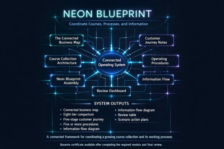 A dark blue infographic titled 'NEON BLUEPRINT' showing a central 'Connected Operating System' with glowing neon lines and labeled modules such as 'The Connected Business Map,' 'Course Collection Architecture,' 'Customer Journey Notes,' 'Operating Procedures,' 'Information Flow,' and 'Review Dashboard.' Text below lists system outputs.
