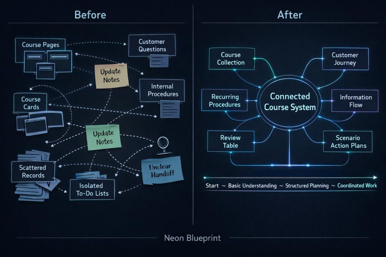 A before-and-after workflow diagram on a dark navy background, titled 'Neon Blueprint.' The left side labeled 'Before' shows disconnected notes, course pages, course cards, scattered records, and isolated to-do lists.