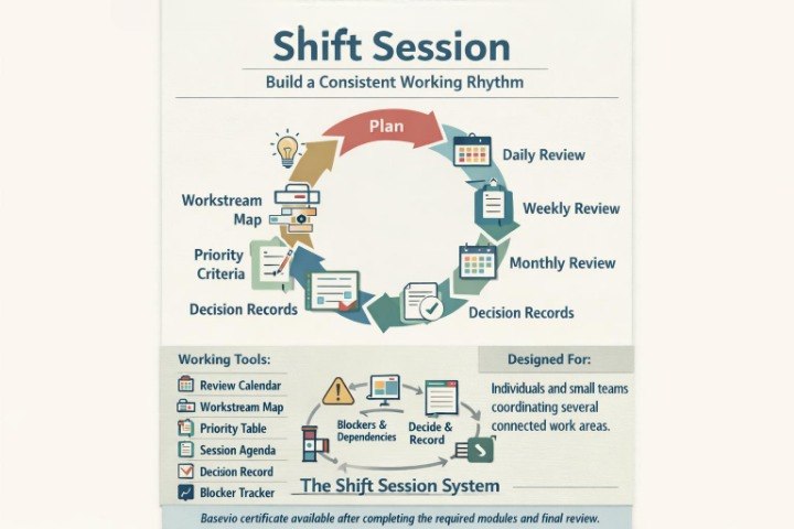 An infographic poster titled 'Shift Session' explaining a working rhythm system. It features a circular diagram with steps like Daily Review, Weekly Review, Monthly Review, and Decision Records, along with sections for 'Working Tools' and 'Designed For' on a light beige background.