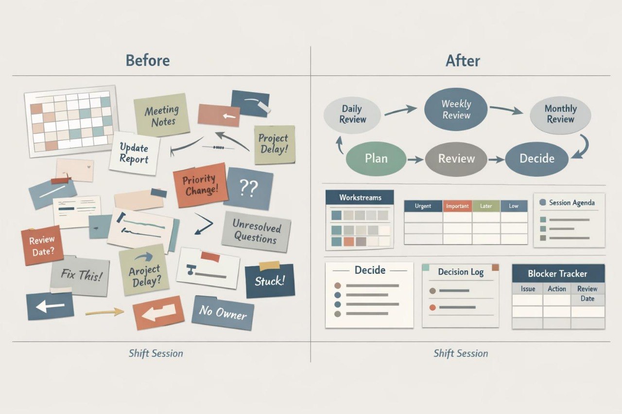 A before-and-after comparison graphic for a shift session workflow. The left side, labeled 'Before,' shows a cluttered collection of sticky notes, documents, arrows, and task tags.