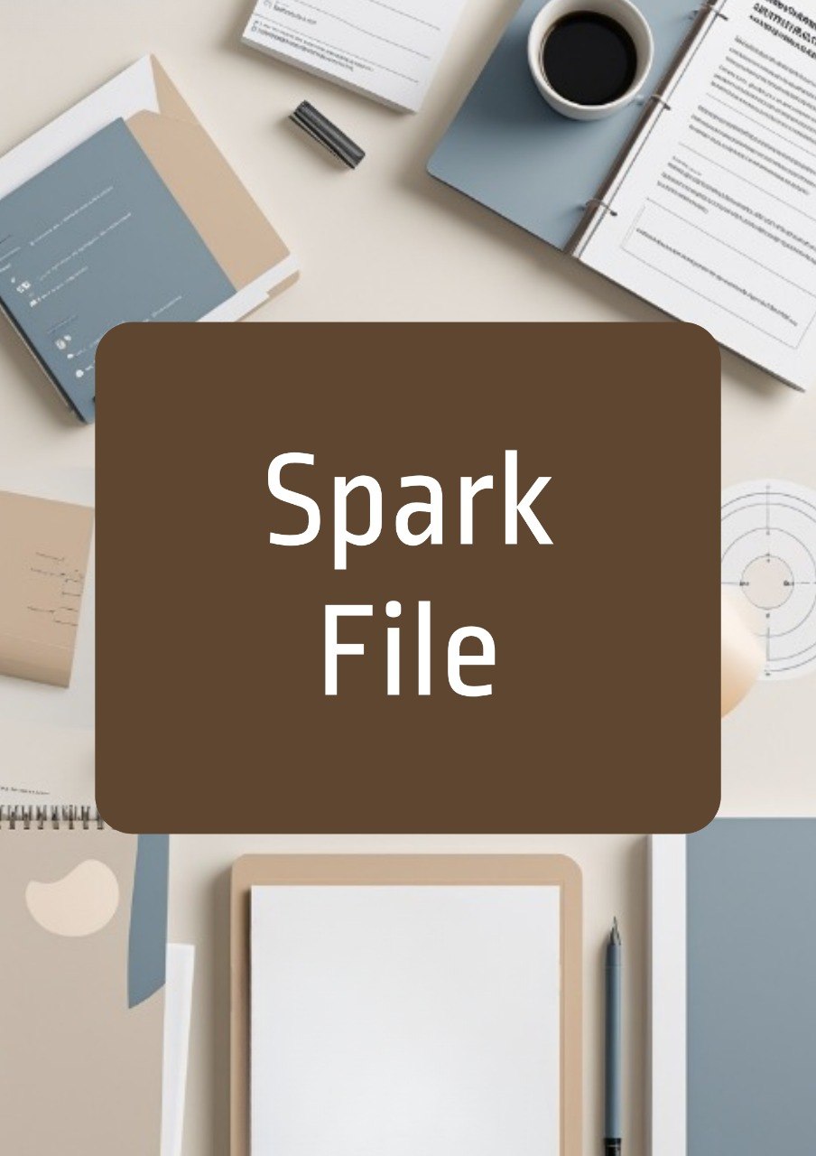 A flat-lay graphic with a large brown rounded rectangle in the center containing the white text 'Spark File' over a styled desk scene with notebooks, papers, a coffee cup, and pens.