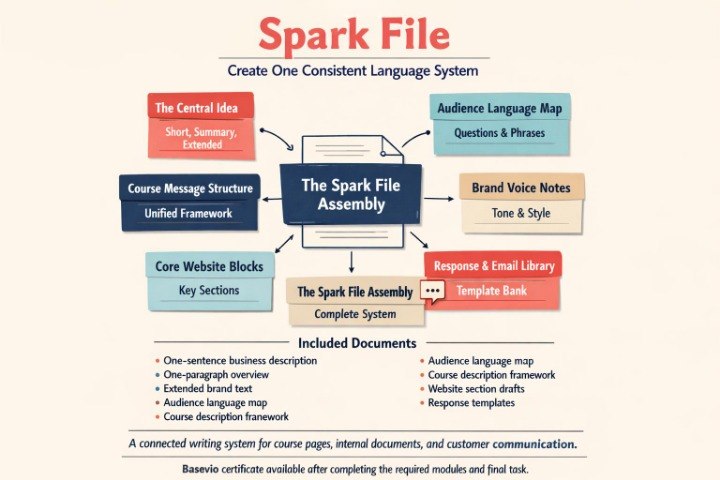 An infographic diagram titled 'Spark File' showing a central 'The Spark File Assembly' surrounded by labeled boxes such as 'The Central Idea,' 'Audience Language Map,' 'Course Message Structure,' 'Brand Voice Notes,' 'Core Website Blocks,' and 'Included Documents' on a beige background.