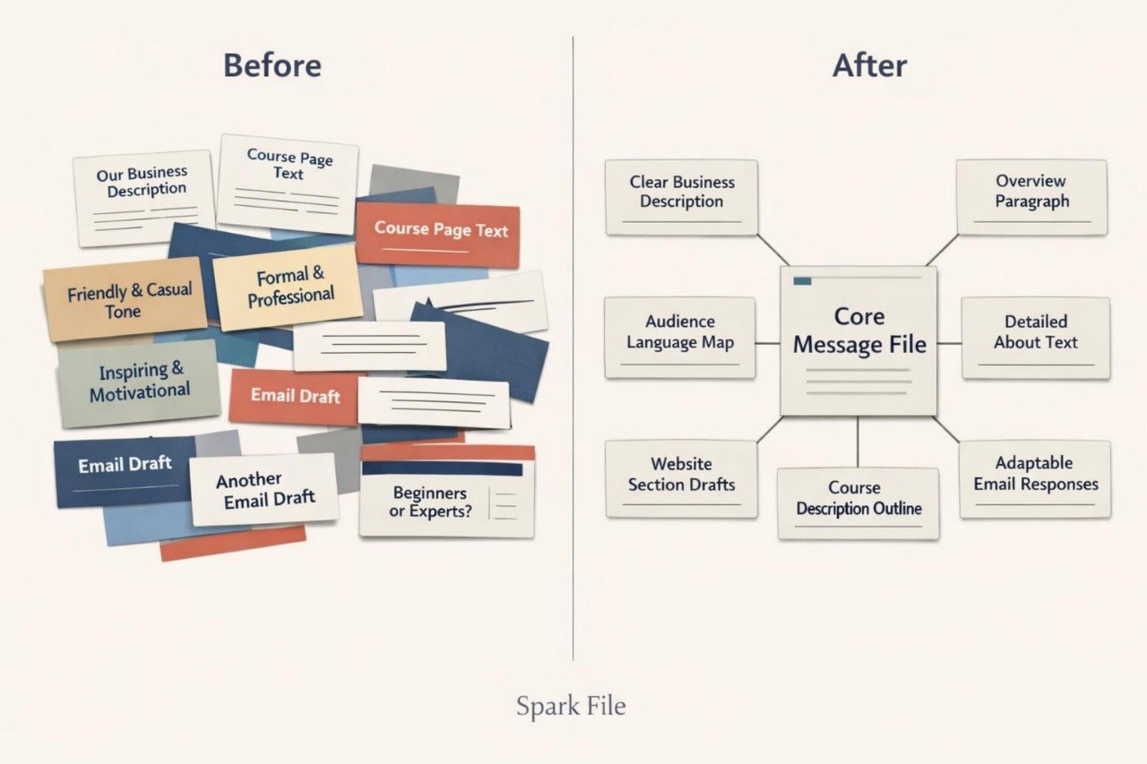 A before-and-after infographic on email course content organization, with a pile of labeled email drafts labeled 'Before' and a clean central message file structure labeled 'After' on a light beige background. The text 'Spark File' appears at the bottom.
