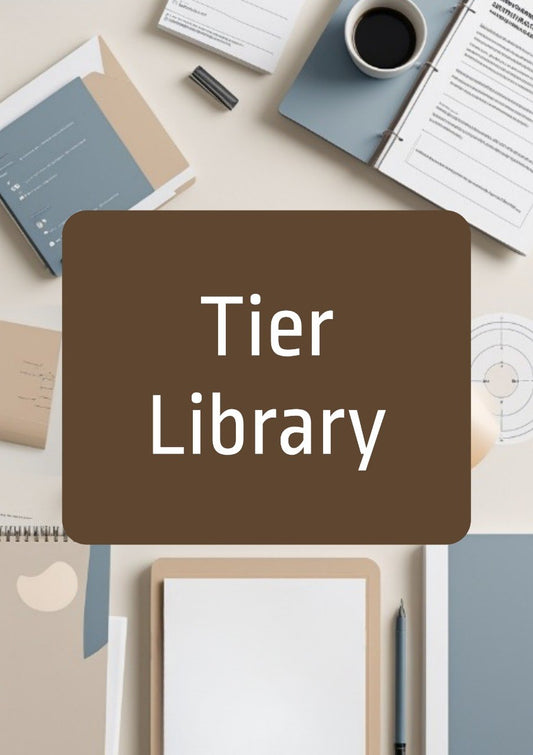 A flat-lay graphic with a large brown rounded rectangle in the center containing the white text 'Tier Library' over a styled desk scene with notebooks, papers, a coffee cup, and pens.