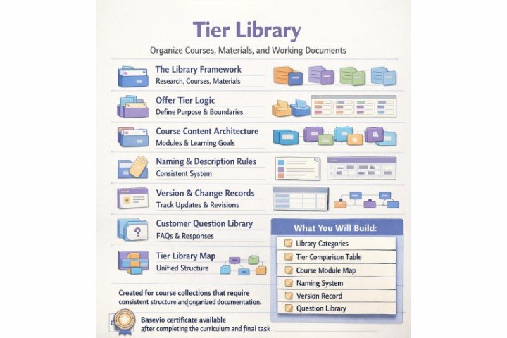 An infographic poster titled 'Tier Library' outlining how to organize courses, materials, and working documents. The graphic features a light beige background with various colored icons representing different library components such as research, materials, course content architecture, FAQs, and a tier library map.