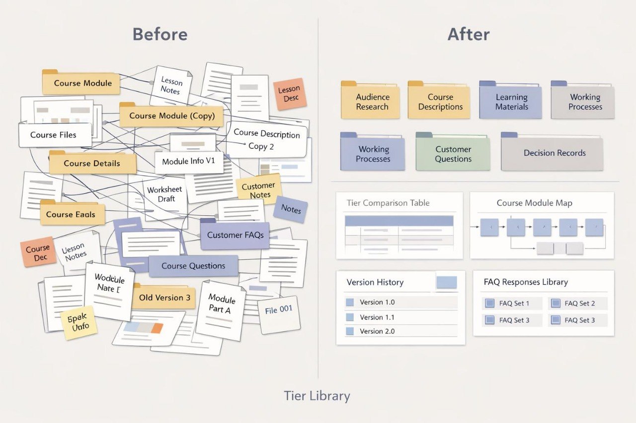 A before-and-after comparison diagram showing a course library workflow. The left side, labeled 'Before,' shows a cluttered stack of document pages and folders like course modules, lesson plans, and customer FAQs.
