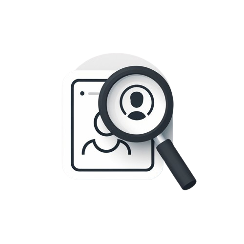 A minimalist digital icon depicting a smartphone outline with two user profile silhouettes inside, overlaid by a magnifying glass, on a light gray background.