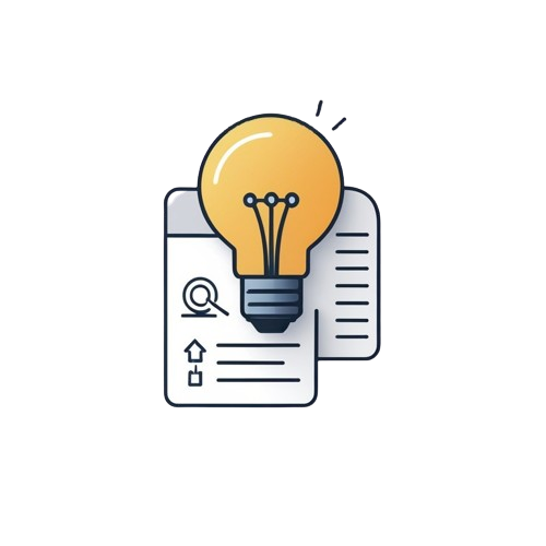A flat vector icon of a glowing yellow light bulb resting on top of two white document pages with dark blue outlines, set against a solid white background.