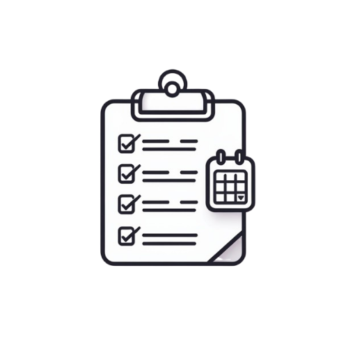 A minimalist black line icon of a clipboard with checklist items and a calendar attachment, centered on a solid white background.