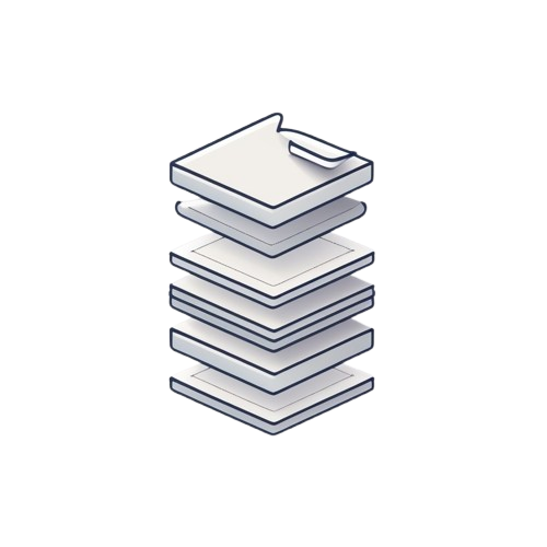 A stylized isometric illustration of a stack of white rectangular sheets or booklets with dark blue outlines, centered on a solid black background.