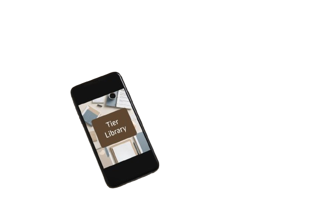 A black smartphone shown at an angle on a plain white background, with its screen displaying a bookshelf scene and the words 'Tier Library'.