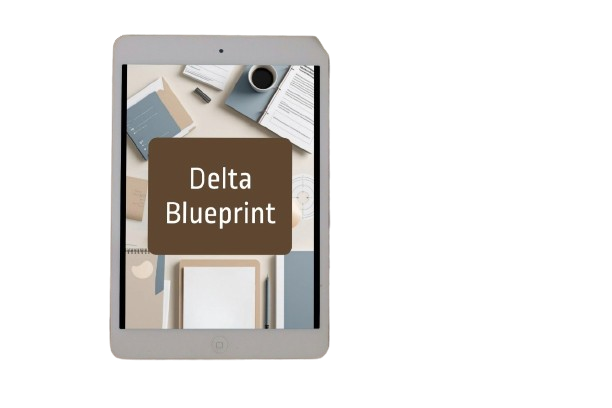 A tablet device centered on a white background, displaying a digital cover with the text 'Delta Blueprint' over a desk scene.