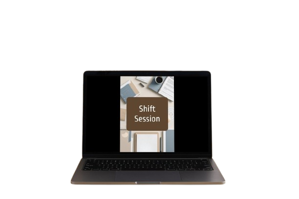 A laptop computer shown from the front on a plain white background, with its screen turned on and displaying a graphic that reads 'Shift Session' over a desk scene.